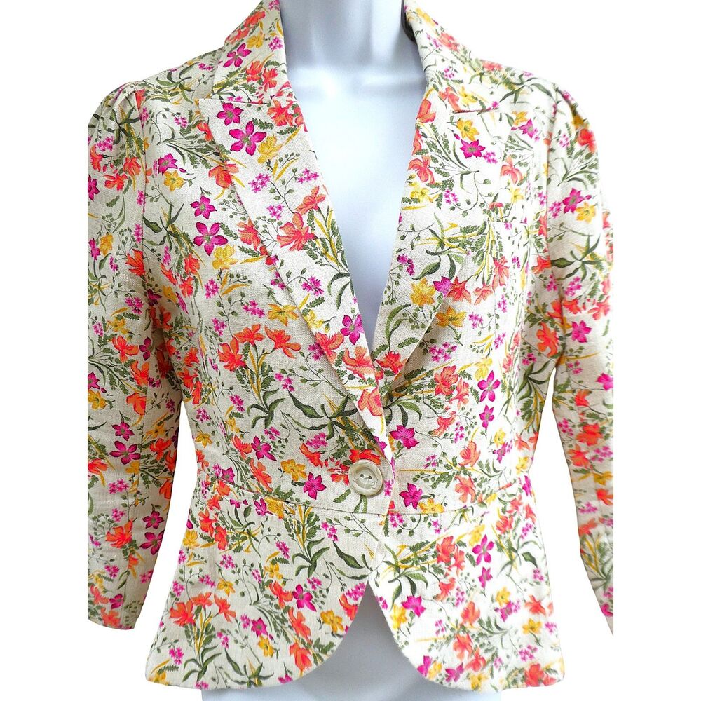 LiNeN Vintage Y2K Floral Blazer Notched Lapel Ruched Sleeve Cuff Single Button